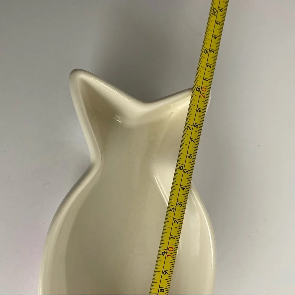 Cat Bowl Fish Shaped Ceramic “Pampered” White Pink. 8” Long Water Food Kitty
